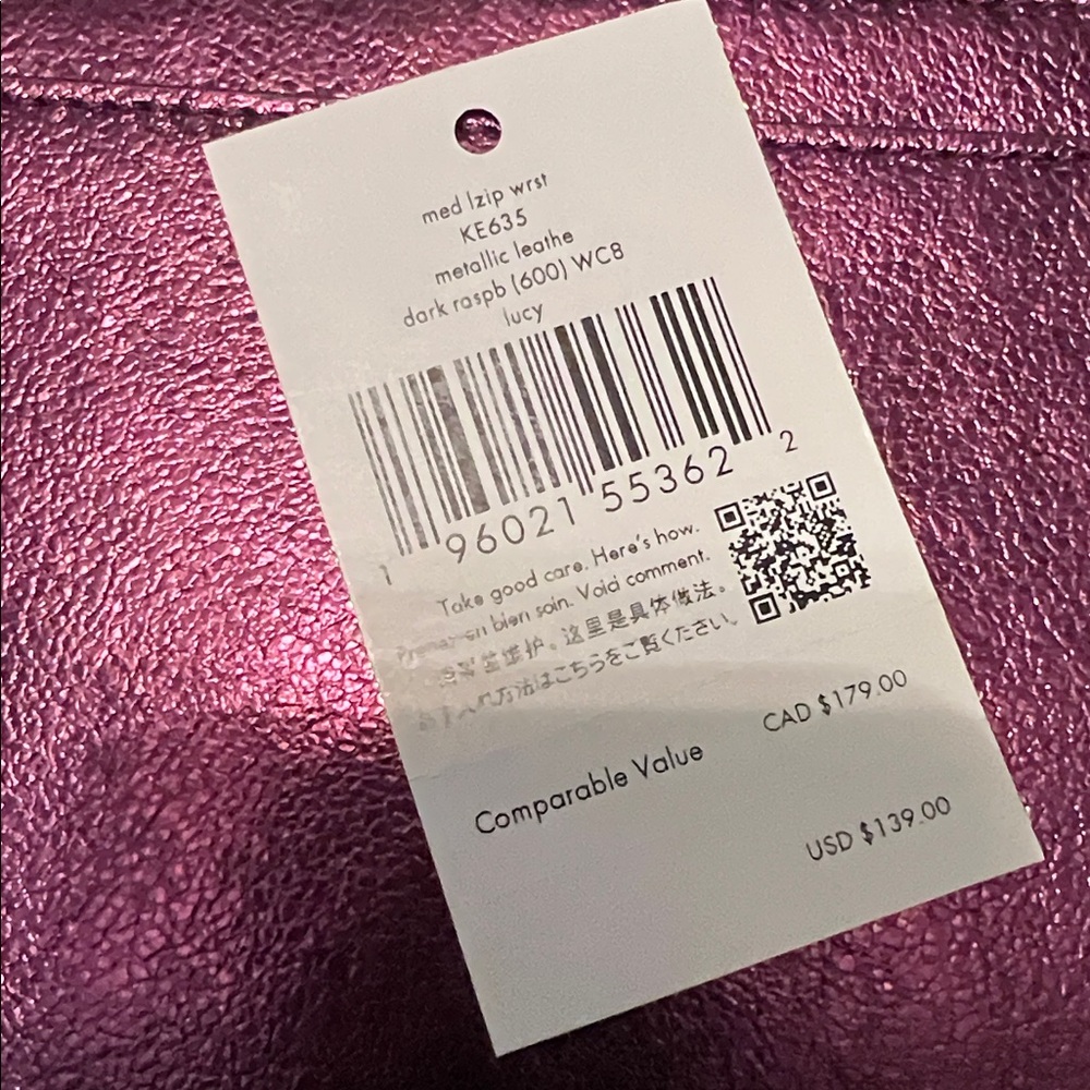NWT, KATE SPADE LUCY MED. L ZIP METALLIC LEATHER WRISTLET, DARK RASPBERRY - Picture 5 of 7